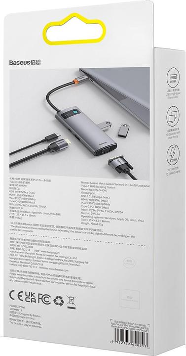 Produktbild Baseus Metal Gleam Series 6-in-1 Multifunctional Type-C HUB Docking Station Gray Type-C to HDMI*1+USB3.0*3 (USB-C, 6 Ports)