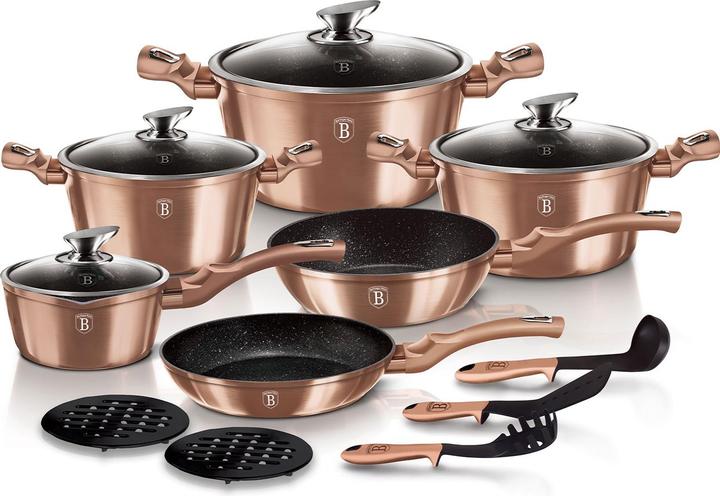 BerlingerHaus 15-piece cookware set Rose Gold Edition (Pan set + pot set, Aluminium)