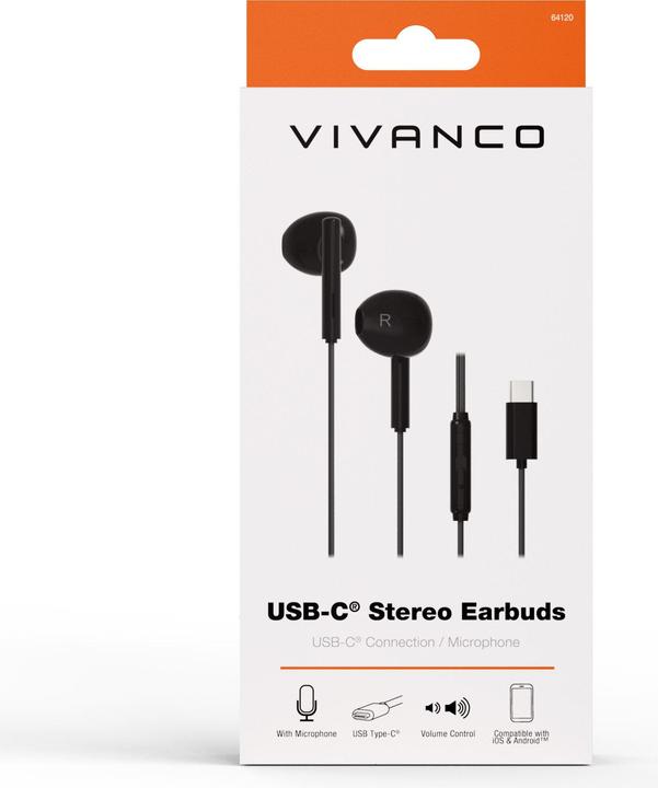 Actual product image Vivanco USB-C Capsule in-ear stereo headset, black, wired incl. remote control (Cable)