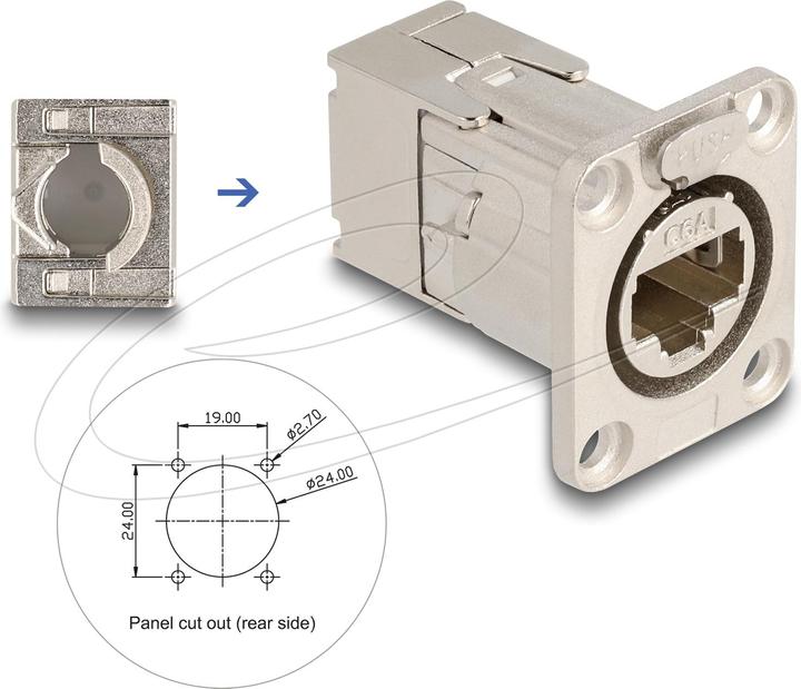 Produktbild Delock D-Typ RJ45 Einbaubuchse mit LSA Anschluss Cat.6A STP Metall