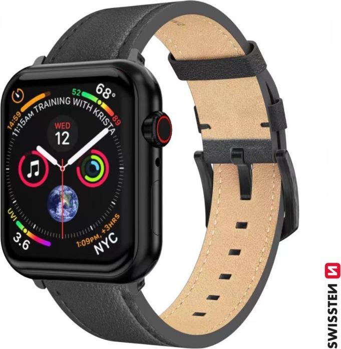 Productafbeelding Swissten Leren bandje voor Apple Watch 42/44/45/49 mm Zwart (zwarte gesp en zwarte band) (Leer)