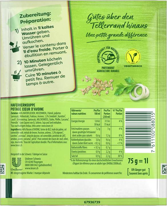 Valori nutrizionali e ingredienti Knorr Sacchetto per zuppa di chicchi d'avena, zuppa cremosa con porri e chicchi d'avena, facile da