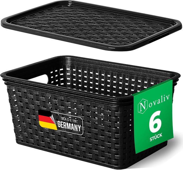 Produktbild Novaliv 6er Set Aufbewahrungsboxen mit Deckel Klein 5L Korb Schwarz in Rattan Design Lebensmittelech (5 l)