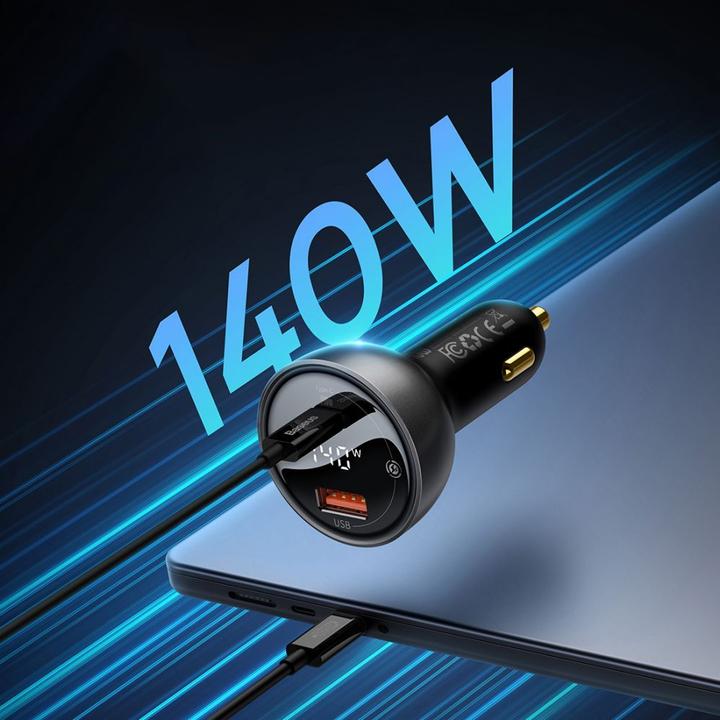Produktbild Baseus Digital Display fast car charger USB-A / USB-C PD3.1 140W black + USB-C cable Superior