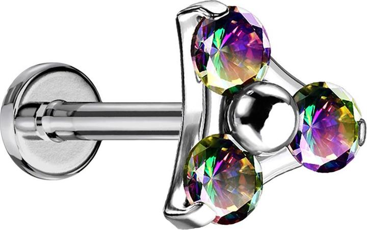 Produktbild Star Piercing Micro Threadless Labret silber Dreieck drei Kristalle dunkel multicolor (ohne Messing, Titan G23)