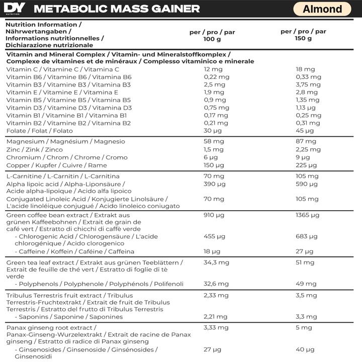 Nutritional values and ingredients DY Nutrition Metabolic Mass Gainer (Almonds, 1 pcs., 6000 g)