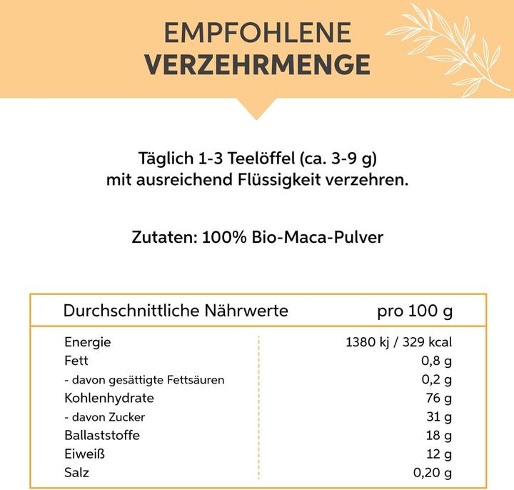 Nährwerte und Zutaten Eltabia Bio Maca Pulver | Premium Macapulver aus Peru (Pulver, 200 g)