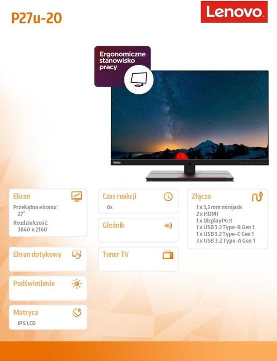 Image du produit Lenovo ThinkVision P27u-20 (3840 x 2160 pixels, 27")