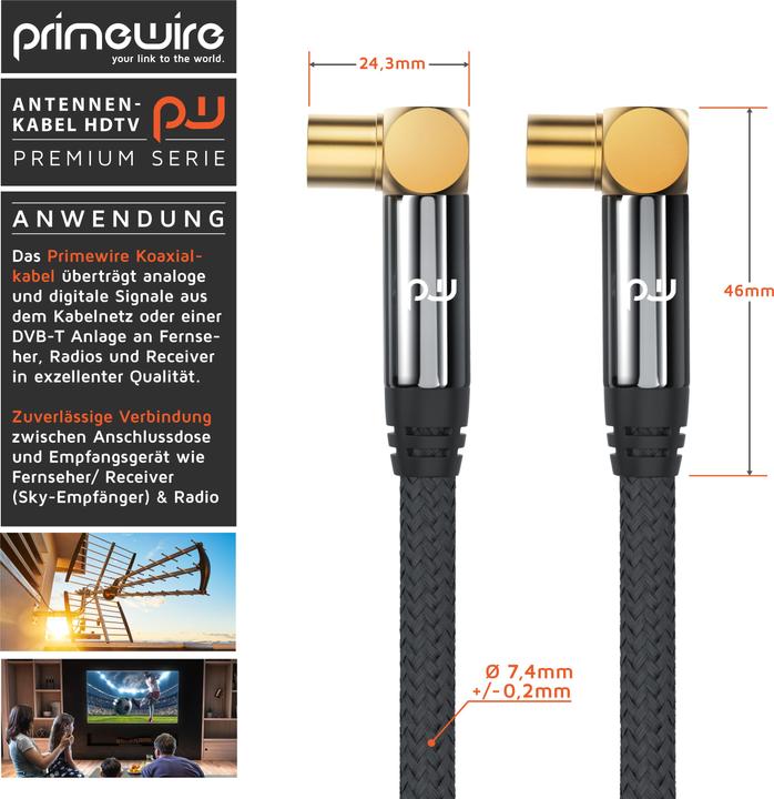 Actual product image Primewire HDTV antenna cable angled with braiding, premium coaxial cable 135dB / 75 Ohm, TV cable, 4K HDTV (135 dB, Antenna cable)