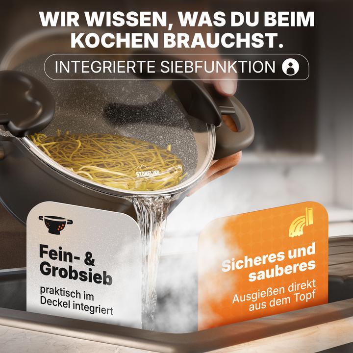 Produktbild Stoneline Future Topfset 8 teilig mit Sieb Deckeln, beschichtete Töpfe, Pfannen Induktion geeignet (24 cm, Kochtopf, Bratpfanne, Stielkasserolle, Bräter + Schmortopf, Aluminiumguss)