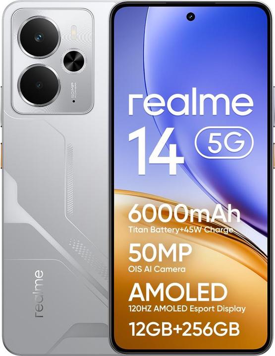 Actual product image realme 14 5G Dual Sim 12GB RAM 256GB - Mecha Silver (256 GB, Mecha Silver, 6.67", 50 Mpx, 5G)