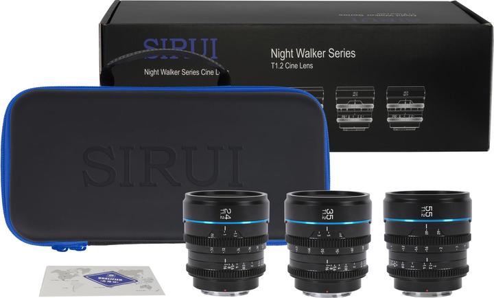 Productafbeelding Sirui MS-3SMB Night Walker 24+35+55mm T1.2 S35 Cine Lensset met transportkoffer (MFT-vatting, zwart) (Micro Vier Derde, APS-C / DX)