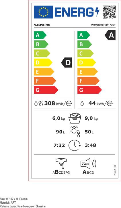 Energy Label Samsung WD90DG5B15BEEG Waschtrockner 9kg/6kg 1400 U/min