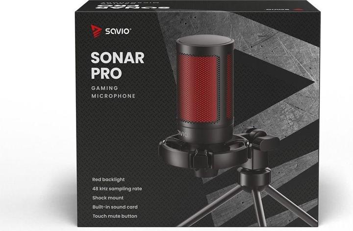 Produktbild Savio Gaming-Mikrofon auf einem Stativ, beleuchtet von 01 Sonar, In-Ear, Anti-Flow-Tasche