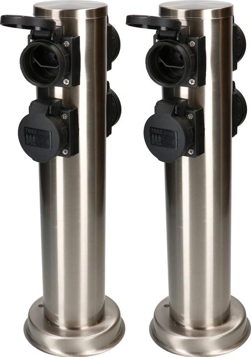 Actual product image Max Hauri Set of 2 round garden socket pillar with 4 type 13 sockets, IP55, black/silver (4 x, Type 13)