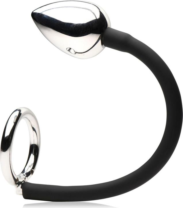 Actual product image Master Series XR Brands - Tug + Plug Cock & Ball Ring with Anal Plug - Black & Silver (5 cm)