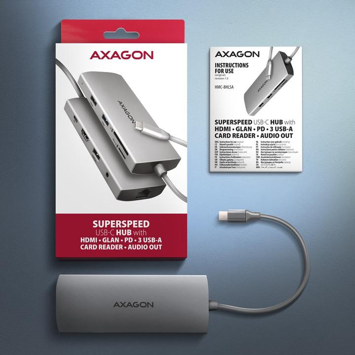 Actual product image Axagon HMC-8HLSA Wieloportowy hub USB-C 3.2 Gen 1 hub, 3x USB-A + 4K/30Hz HDMI + SD/microSD, GLAN, Audio (USB-C, 8 Ports)