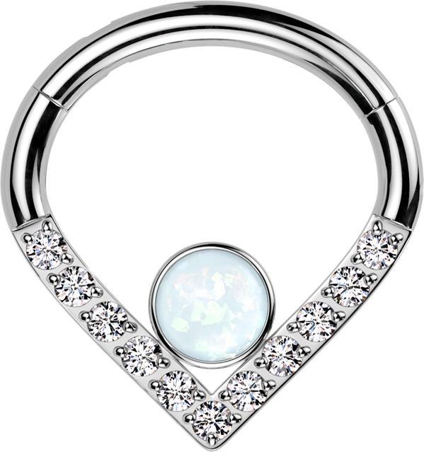 Produktbild Star Piercing Micro Segmentring klappbar Winkel silber Kristalle silber grosser Opal weiss (ohne Messing, Titan G23)