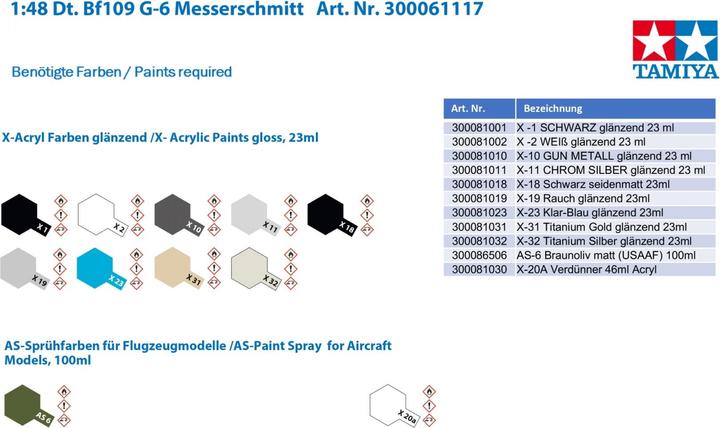 Image du produit Tamiya Décalcomanies pour Messerschmitt Bf109 G-6 CH