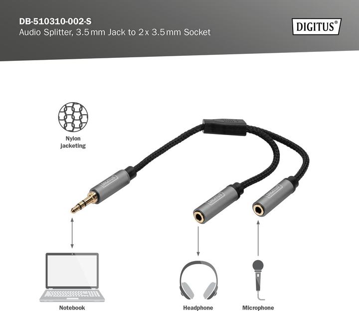 Produktbild Digitus Audio Splitter, 3,5 mm Klinke auf 2x 3,5 mm Buchse (0.20 m)