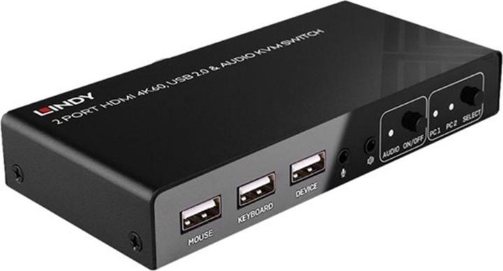 Immagine prodotto Lindy Switch KVM a 2 porte HDMI 4K60, USB 2.0 e audio Consente di commutare tra 2 PC HDMI da un'unica