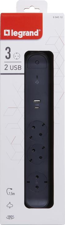 Image du produit Legrand Multiprise pivotante 3x prise, USB-A, USB-C, SPD, câble de 1,5m Noir 694512 (3 x, CEE7, CEE 7/3, 1.50 m)