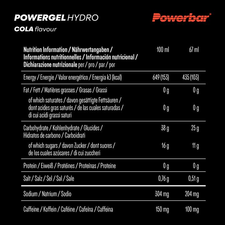 Nährwerte und Zutaten Powerbar PowerGel Hydro (Koffein, Cola, 24 Stk., 1850 g)
