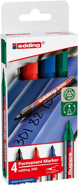 Productafbeelding Edding 300 permanent marker, geassorteerde kleuren 1,5 - 3,0 mm, 4 st. (Veelkleurig, 3 mm, 4 x)