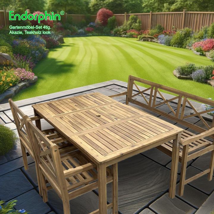 Produktbild Garten Sitzgarnitur aus Akazienholz massiv im Teakholz-Look 4tlg. (Tisch, Bank, 2 Stühle)