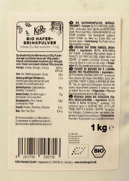 Nährwerte und Zutaten KoRo Bio Haferdrinkpulver, sprühgetrocknet