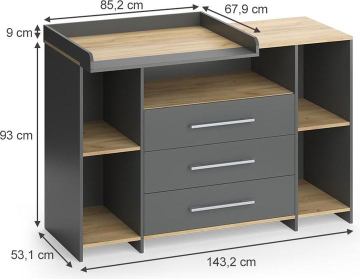 Produktbild Vichy Wickelkommode Oskar, Anthrazit/Goldkraft Eiche, 143.2 x 93 cm mit 3 Schubladen