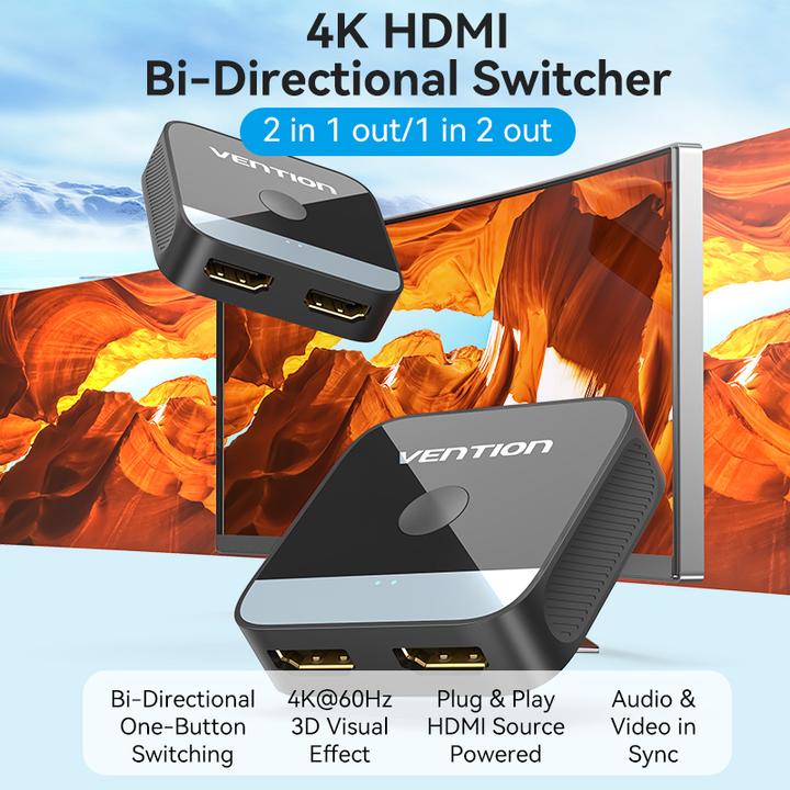 Actual product image Vention 2-Port HDMI Bi-Direction 4K Switcher Black ABS Type