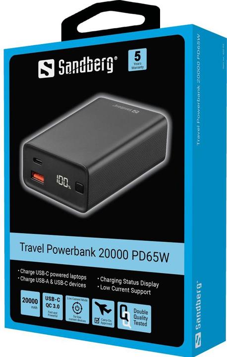 Image du produit Sandberg Banque d'énergie de voyage 20000 PD65W (20000 mAh, 65 W, 77 Wh)