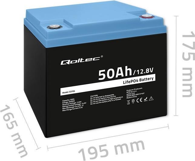 Produktbild Qoltec 53704 LiFePO4 Lithium-Eisenphosphat-Batterie | 12 8V | 50Ah | 640Wh | BMS (12.80 V, 50 Ah)