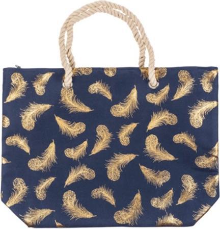 Actual product image Bekos Blue shopper with gold feathers and cord handles