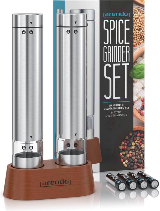 Produktbild Arendo Salz- & Pfeffermühle Elektrisch 2er Set, Gewürzmühlen, Edelstahl, Glasbehälter, Batteriebetrieben (Pfeffer, Kräuter, Salz)