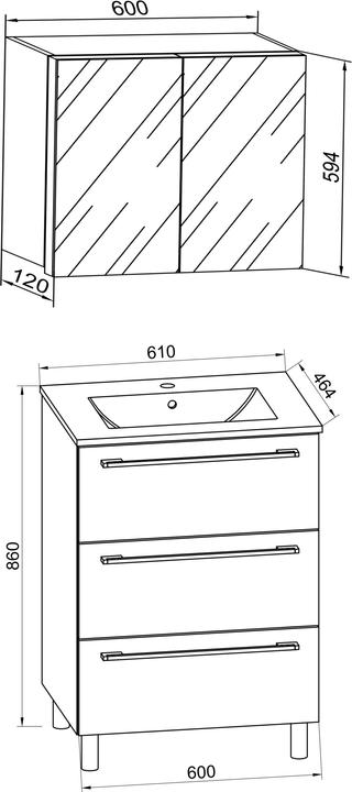 Nutritional values and ingredients VCM 3-piece stand washbasin washbasin Badinos 3 drawers mirror cabinet
