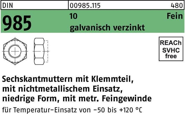 Produktbild Sechskantmutter DIN 985 m.Klemmteil M 20 x 1,5 10 galvanisch verzinkt