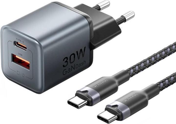 Actual product image Vention GaN USB-C+A 30W Charger + USB-C-C Cable 1m (Gray) (30 W)