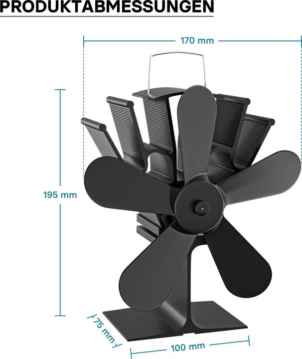 Produktbild Wiltec Kaminofen Ventilator 5 Flügel stromlos Kaminventilator Ofenventilator (17 x 10.5 x 19.5 cm)