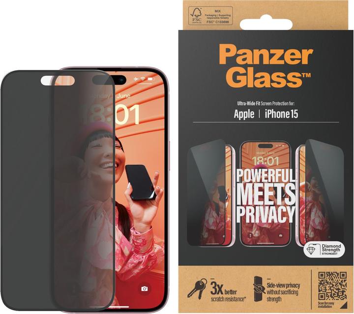 PanzerGlass Protecteur d'écran de confidentialité iPhone 2023 6.1 Ultra-Wide Fit (1 pièce(s), Apple iPhone 15)