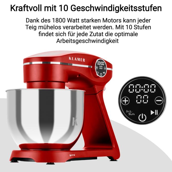 Actual product image KLAMER Küchenmaschine, Knetmaschine mit 6 Liter Edelstahl Schüssel (1800 W)