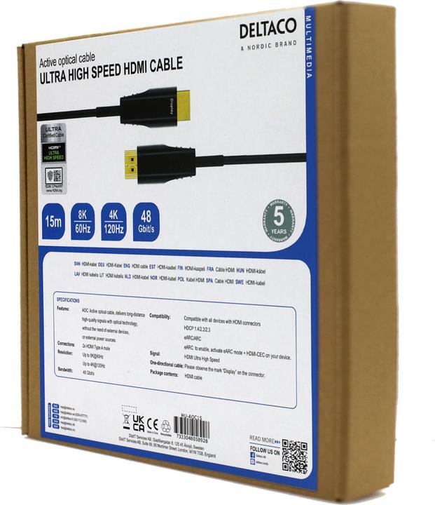 Actual product image Deltaco - AOC HDMI Cable - Ultra High Speed Gecertificeerd - 15 metre - Zwart (15 m, HDMI)