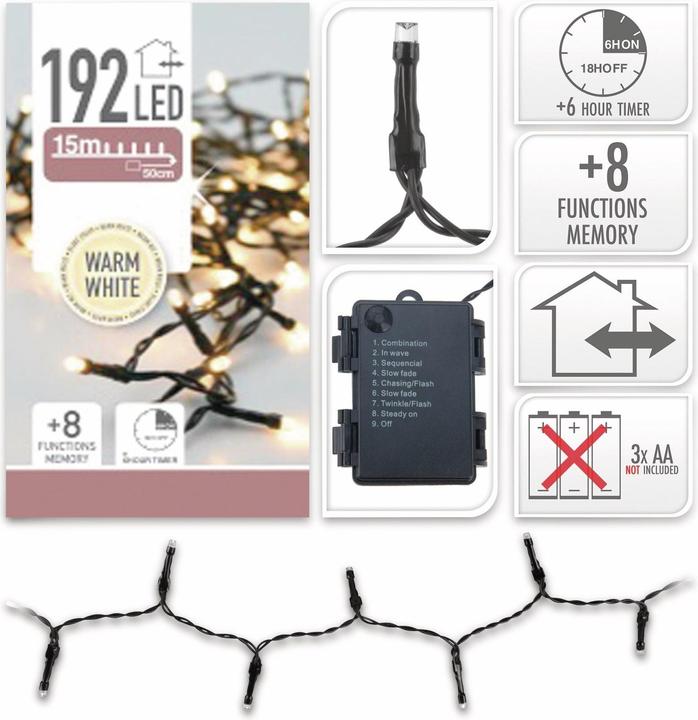 Actual product image Nampook ŁAŃCUCH LED 192L CIEPŁY na baterie 14,5m +8FUNKCJI,TIMER 3x AA 1,5V (14.50 m)