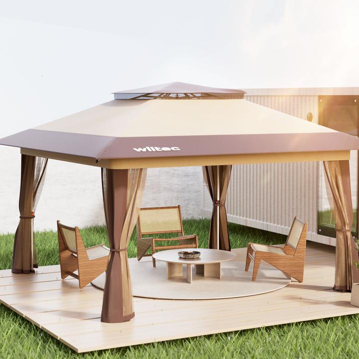 Image du produit Wiltec Pavillon pliable Moustiquaire 4x4m beige Pavillon de jardin Tente de réception Pavillion (400 cm, 400 cm)
