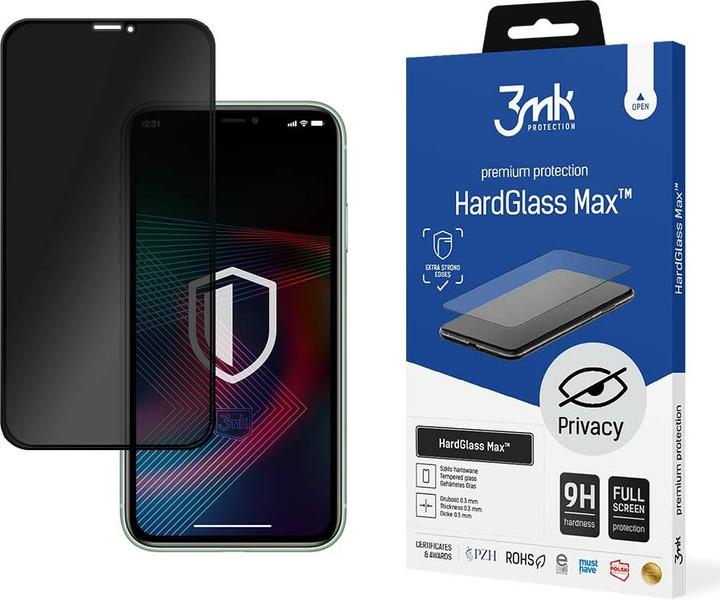 Actual product image 3MK HardGlass Max Privacy Screen Protector, Apple, iPhone XS, Tempered Glass, Clear/Black (1 Piece, Apple iPhone XS)