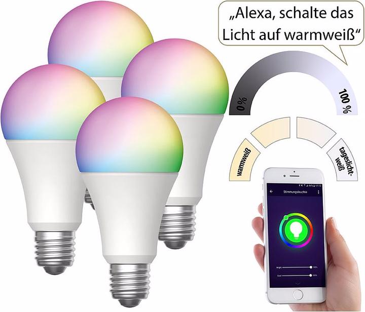Immagine prodotto Luminea Set di 4 lampade LED WLAN, per Amazon Alexa/Google Assistant (E27, 12 W, C)