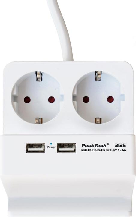 Productafbeelding Peaktech 3125 Tafelcontactdoos, 2-voudig, type F, 2x USB, wit (2 x, CEE 7/3, 1.40 m)