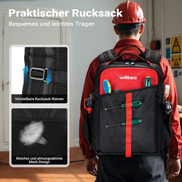 Produktbild Wiltec Werkzeugrucksack 33x20x43cm Werkzeugtasche 16 Fächer Werkzeug Rucksack
