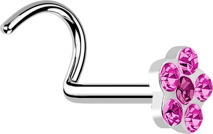 Star Piercing Nasenstecker gebogen silber mit Blume und 5 Kristalle pink (ohne Messing, Chirurgenstahl 316L)